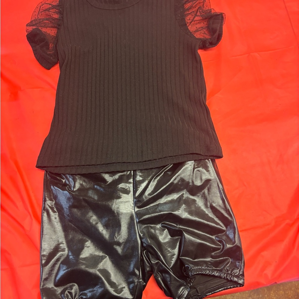 Black Ribbed Top and Shiny Shorts Set